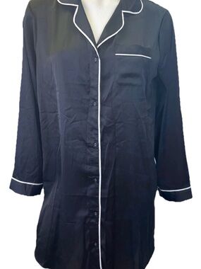 Stars Above Black Satin Button-Up Pajama Top with White Piping